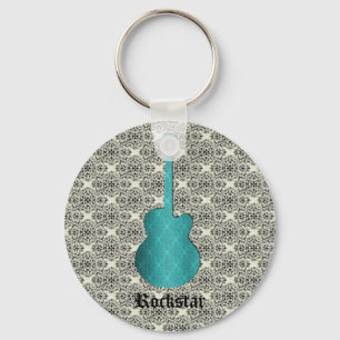 Rockstar Damask Guitar Keychain, Turquoise Key Ring