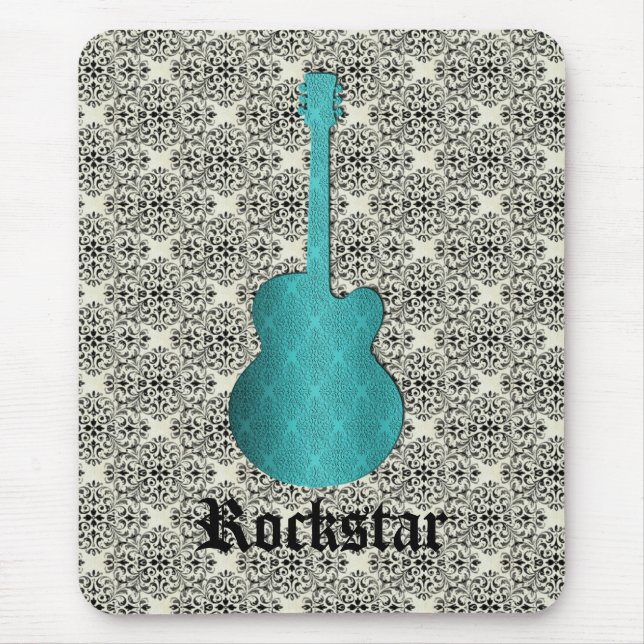 Rockstar Damask Guitar Mousepad, Turquoise Mouse Pad (Front)