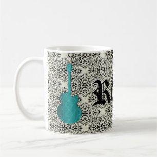 Rockstar Damask Guitar Mug, Turquoise Coffee Mug