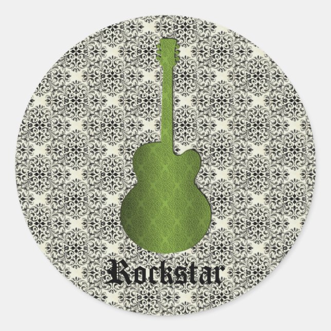 Rockstar Damask Guitar Stickers, Olive Green Classic Round Sticker (Front)
