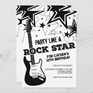 Rockstar guitar black and white birthday invitation