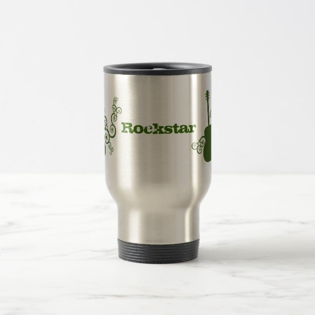 Rockstar Guitar Mug, Green Travel Mug (Center)