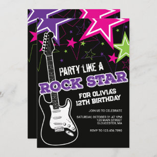 Rockstar Pink purple guitar birthday Invitation