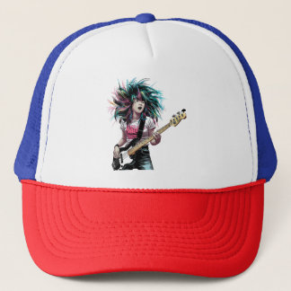 Rockstar Rhythm: Bass-Playing Asian Girl  Trucker Hat