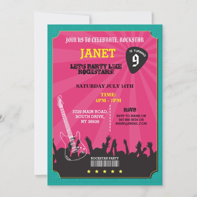 Rockstar Rock Music Gig Guitar Pick Party Invite (Front)