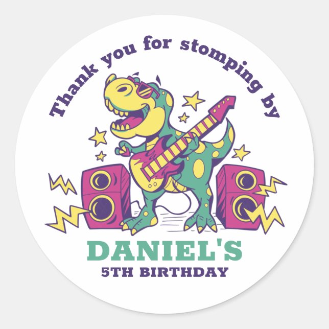 Rockstar T-Rex Dinosaur Kids Boys Birthday Party Classic Round Sticker (Front)