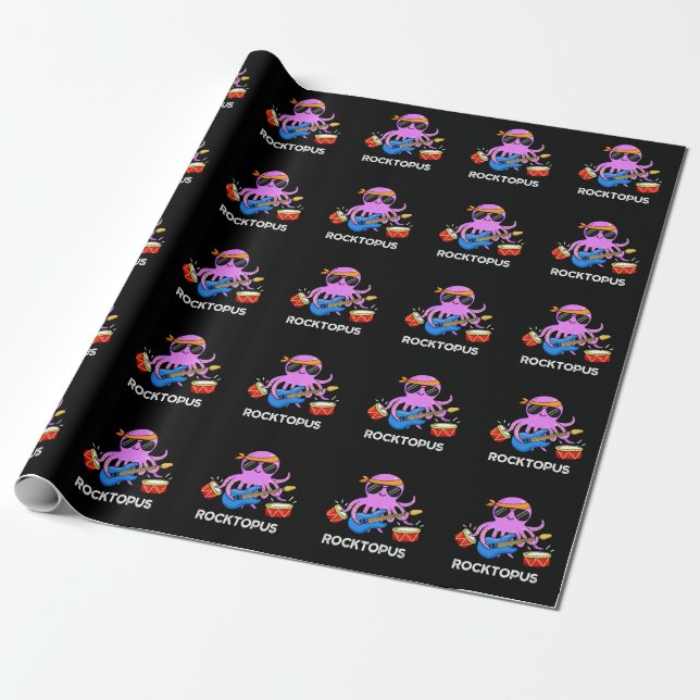 Rocktopus Funny Rock Band Octopus Pun Dark BG Wrapping Paper (Unrolled)