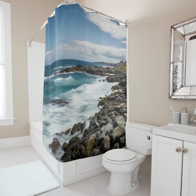 Rocky Beach Cove Ocean Waves Themed Shower Curtain (In Situ)
