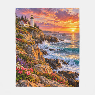 Rocky Coast Lighthouse at Sunset Fleece Blanket