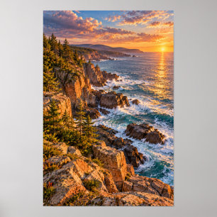 Rocky Coastline Sunset and Ocean Waves Wall Art