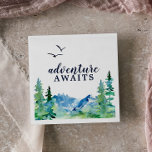 Rocky Mountain Adventure Awaits Baby Shower Napkin<br><div class="desc">These rocky mountain adventure awaits baby shower napkins are perfect for an outdoor event. The design features a blue and green painted wilderness landscape with watercolor pine trees,  birds and mountains.</div>