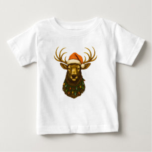 Rocky Mountain Elk in Santa Hat with Christmas  Baby T-Shirt