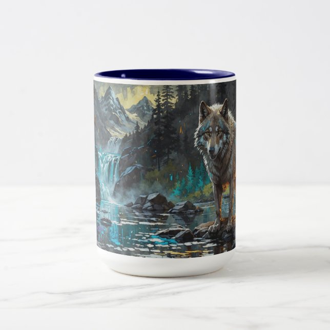 Rocky Mountain Gray Wolf Art Two-Tone Coffee Mug (Center)