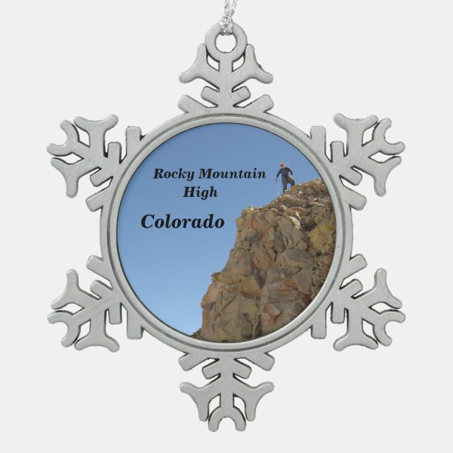 Rocky Mountain High, Colorado Snowflake Pewter Christmas Ornament (Front)