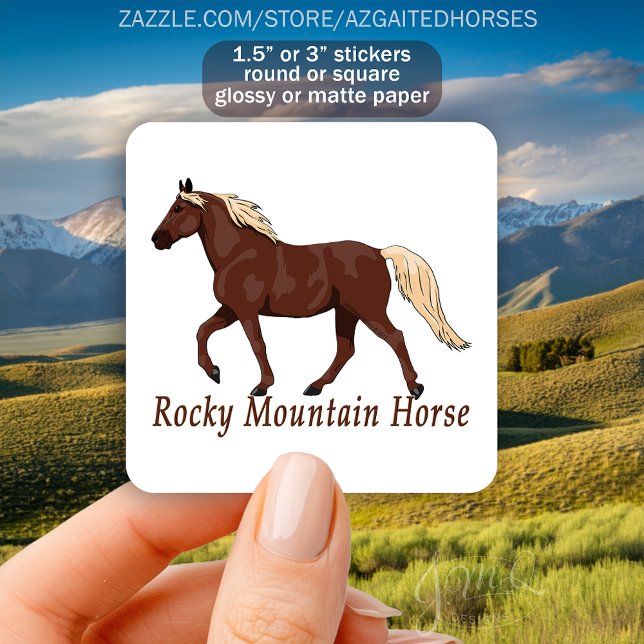 Rocky Mountain Horse Silhouette Chestnut Square Sticker (Sticker featuring a chestnut Rocky Mountain Horse with flaxen mane and tail and text reading “Rocky )