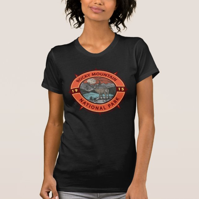 Rocky Mountain National Park Elk Retro Compass T-Shirt (Front)