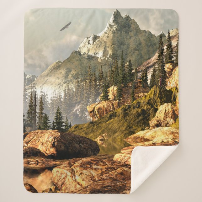 Rocky Mountain scene with bald eagle soaring in th Sherpa Blanket (Front)