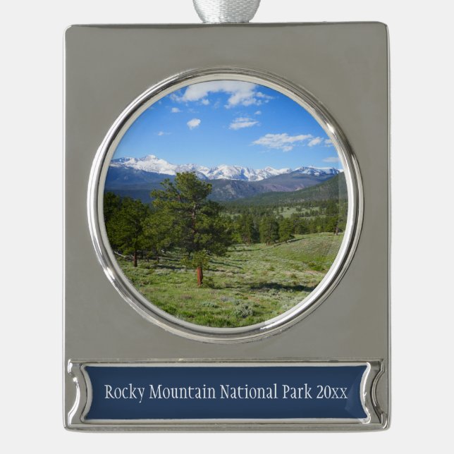 Rocky Mountain View Scenic Landscape Silver Plated Banner Ornament (Front)
