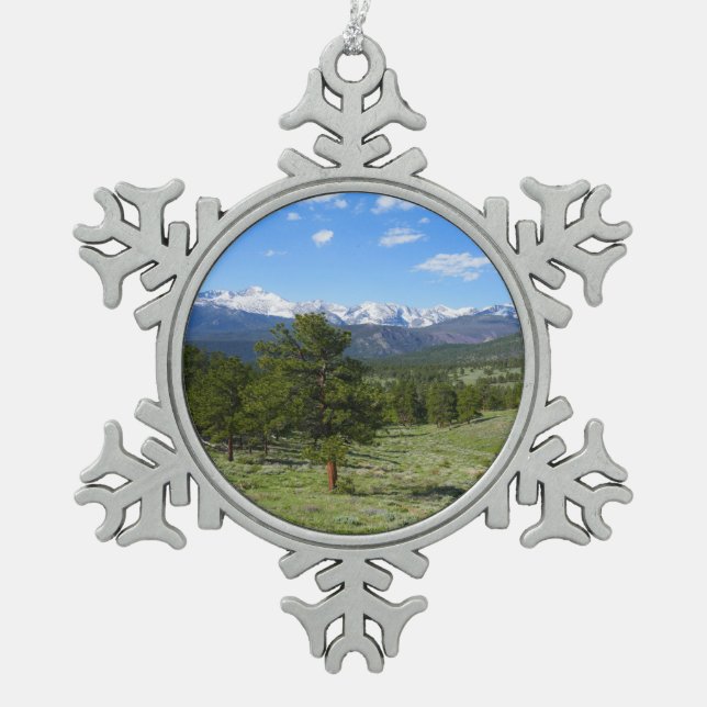 Rocky Mountain View Scenic Landscape Snowflake Pewter Christmas Ornament (Front)