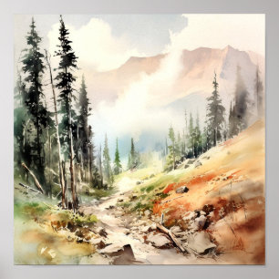 Rocky Mountains Painting Smoky Pine Forest Poster