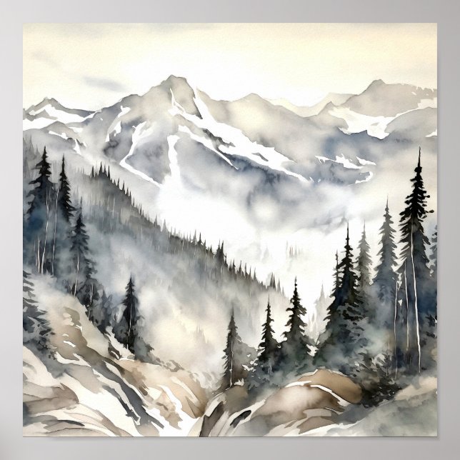 Rocky Mountains Painting Smoky Pine Forest Poster (Front)