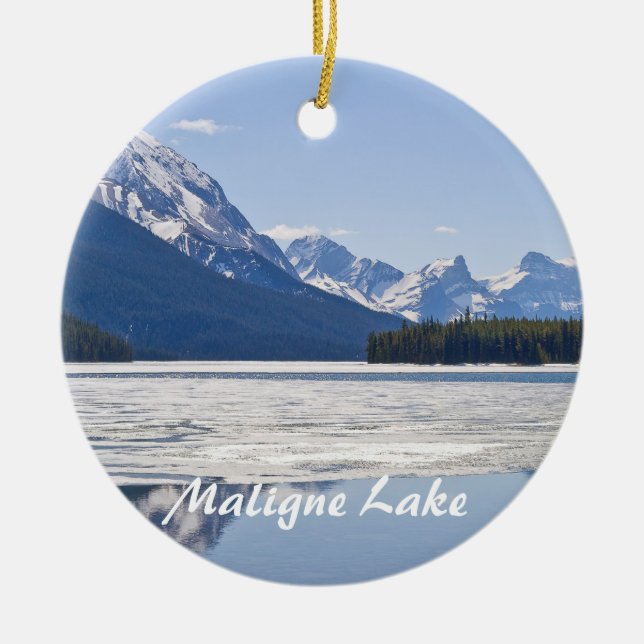 Rocky mountains reflecting in Maligne lake Ceramic Ornament (Front)