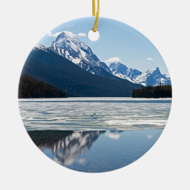 Rocky mountains reflecting in Maligne lake Ceramic Ornament (Front)