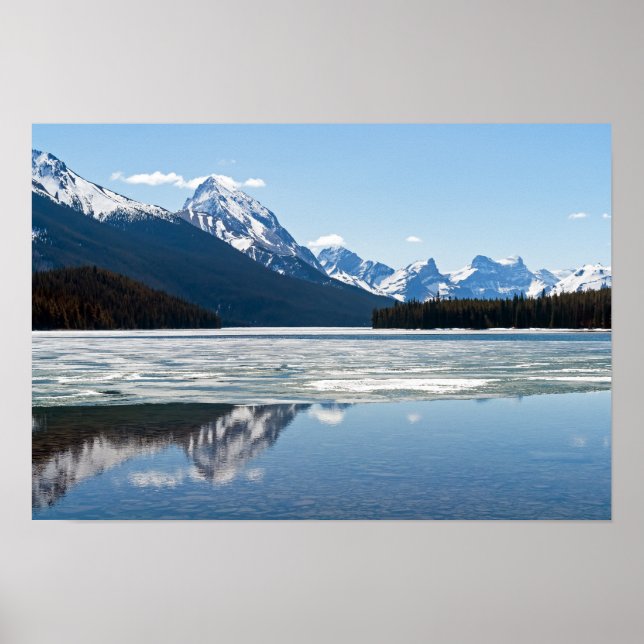 Rocky mountains reflecting in Maligne lake Poster (Front)