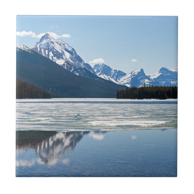 Rocky mountains reflection in Maligne Lake Ceramic Tile (Front)