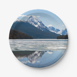 Rocky mountains reflection in Maligne Lake Paper Plate