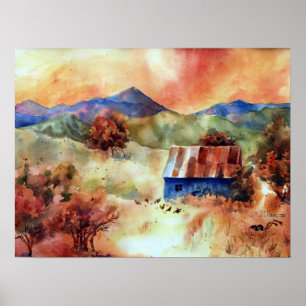 Rocky Mountains Watercolor Farm Poster