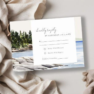 Rocky Pine Mountain Seascape Watercolor Wedding RSVP Card