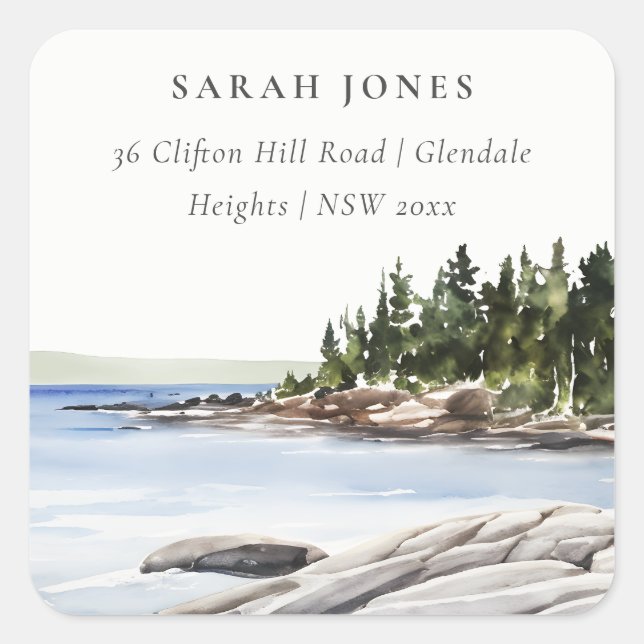 Rocky Pine Mountain Watercolor Seascape Address Square Sticker (Front)