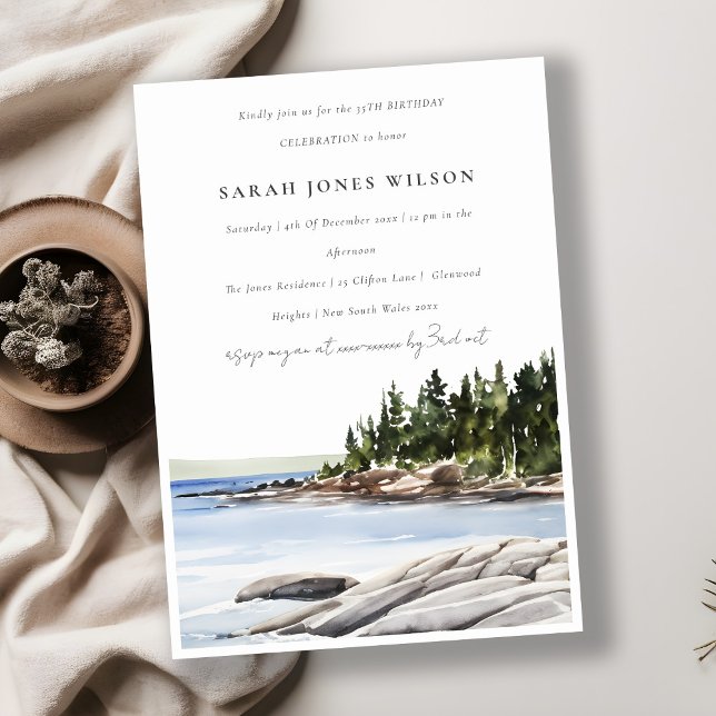 Rocky Pine Mountain Watercolor Seascape Birthday Invitation (Creator Uploaded)