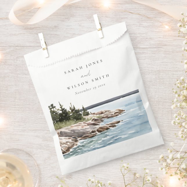 Rocky Pine Mountain Watercolor Seascape Wedding Favour Bag (Clipped)