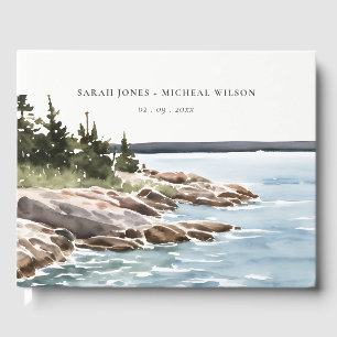 Rocky Pine Mountain Watercolor Seascape Wedding Guest Book