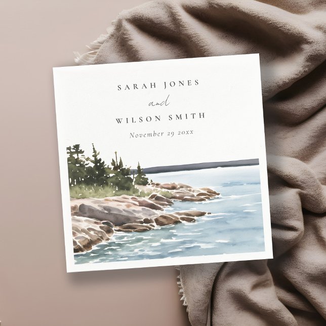 Rocky Pine Mountain Watercolor Seascape Wedding Napkin (Creator Uploaded)