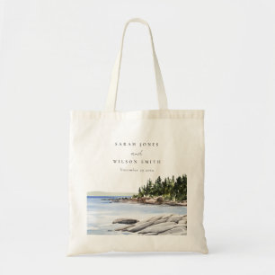 Rocky Pine Mountain Watercolor Seascape Wedding Tote Bag