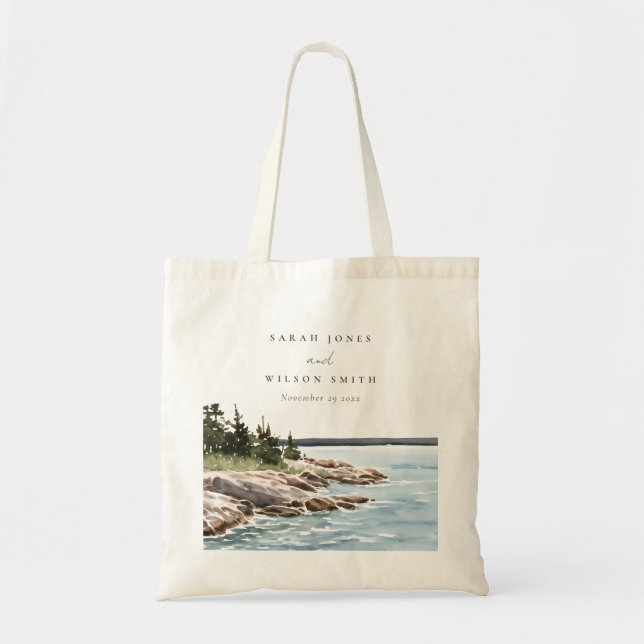 Rocky Pine Mountain Watercolor Seascape Wedding Tote Bag (Front)
