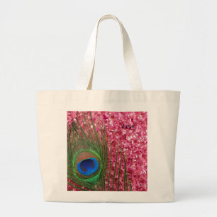 Rocky Pink Peacock Feather Large Tote Bag