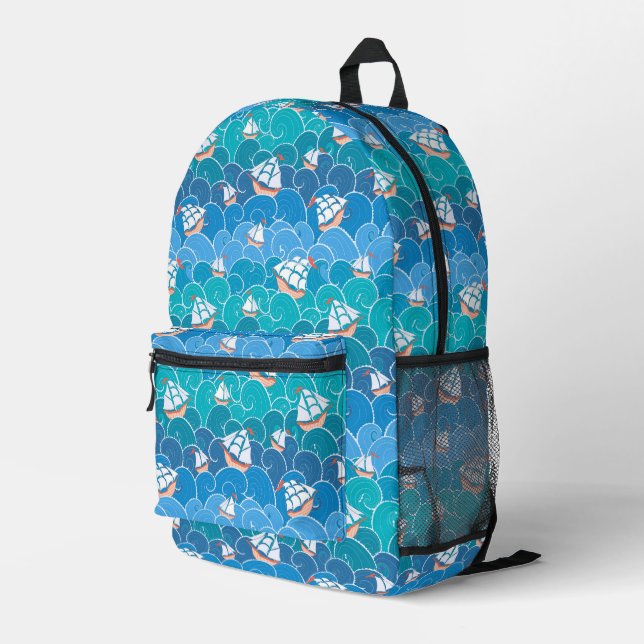 Rocky Sea Pattern Printed Backpack (Back Corner Right)