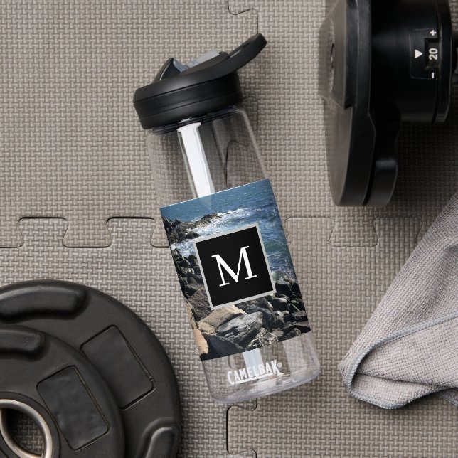 Rocky Seashore Single Big Initial in Black Square Water Bottle (Gym (Rotated))