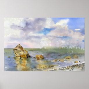 Rocky Shore and Summer Clouds Watercolor Poster