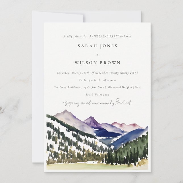 Rocky Snow Mountain Landscape Weekend Party Invitation (Front)