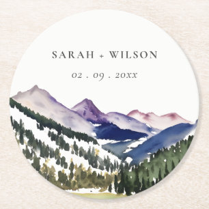 Rocky Snow Mountain Watercolor Landscape Wedding Round Paper Coaster