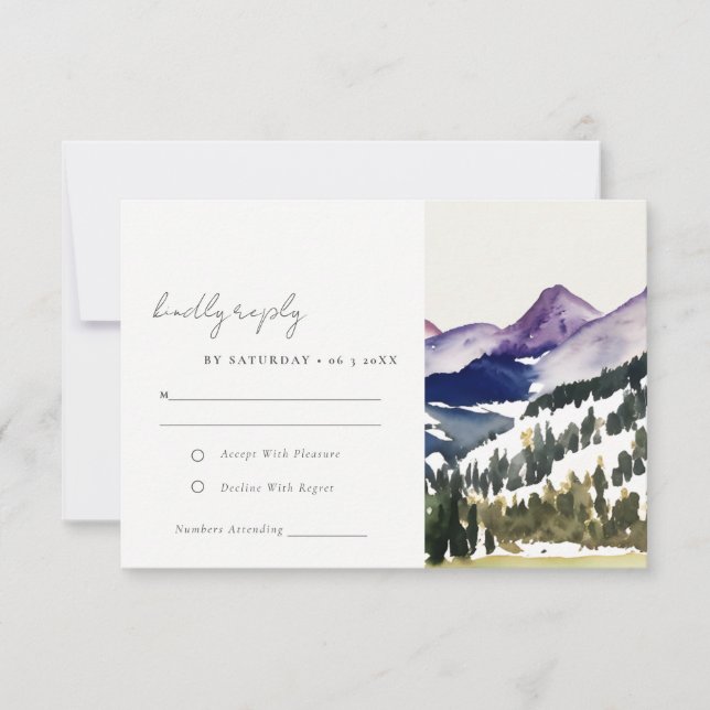 Rocky Snow Mountain Watercolor Landscape Wedding RSVP Card (Front)