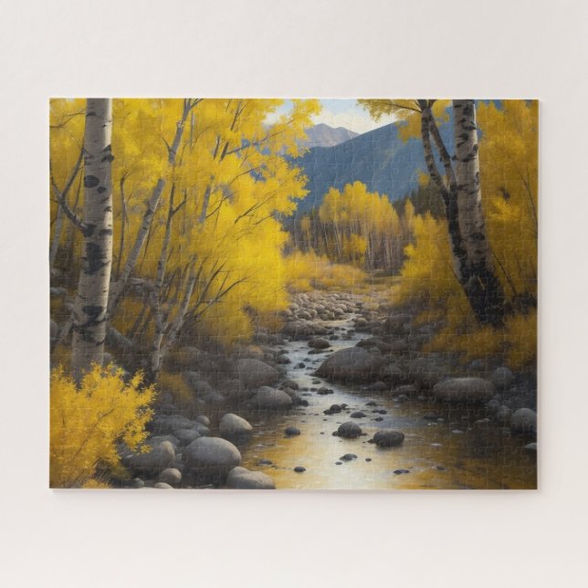 Rocky Stream With Gold Aspen Trees Painting Jigsaw Puzzle (Horizontal)