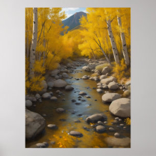 Rocky Stream With Gold Aspen Trees, Painting Poster