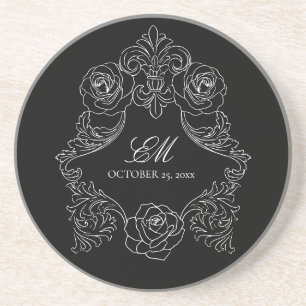 Rococo Black Gothic  Wedding Logo Crest Coaster