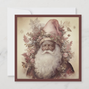 Rococo Black Santa Pink Floral Hat White Beard Holiday Card